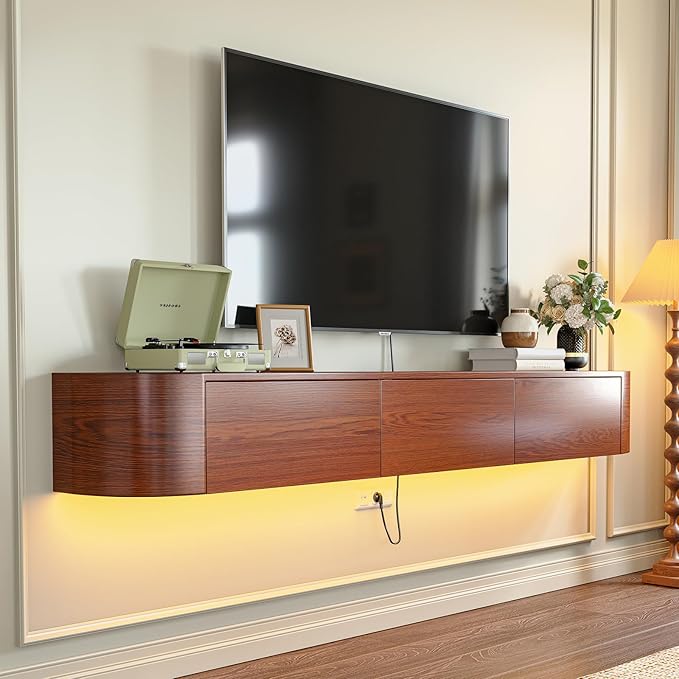Fully Assembled Floating TV Stand with Drawers, 63IN Vintage Wall Mounted Entertainment Center, Minimalist Large Storage Console Under TV, Solid Wood Media Shelf for Living Room, Bedroom