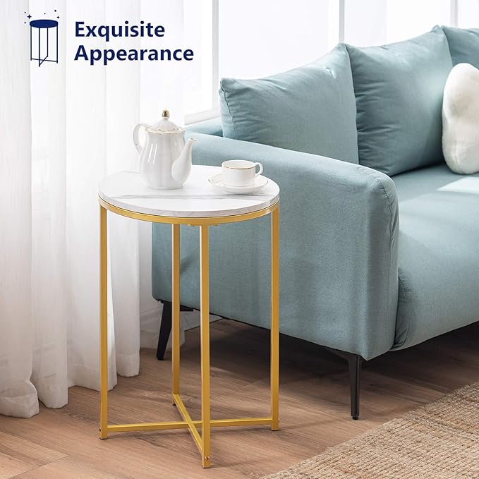 TECHMILLY Round End Table, Faux Marble Sofa Table, Accent Side Table with Metal Frame, Modern Gold Nightstand, Tall Coffee Table for Living Room, Bedroom