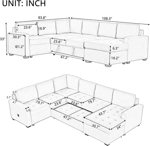 108.3 Inch Modular Sectional Sleeper Sofa with Pull-Out Bed and Lounge Chair, U-Shaped Combination Corner Couch w/USB & Type-C Interfaces, for Living Room Bedroom Office, Gray
