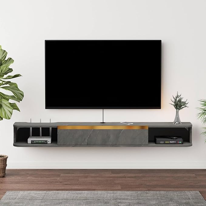 Floating TV Stand, 63'' Wall Mounted Entertainment Center TV Media Console, Floating Shelves with Door, Floating TV Cabinet Large Storage TV Bench for Living Room (Dark Grey, 62.99IN)