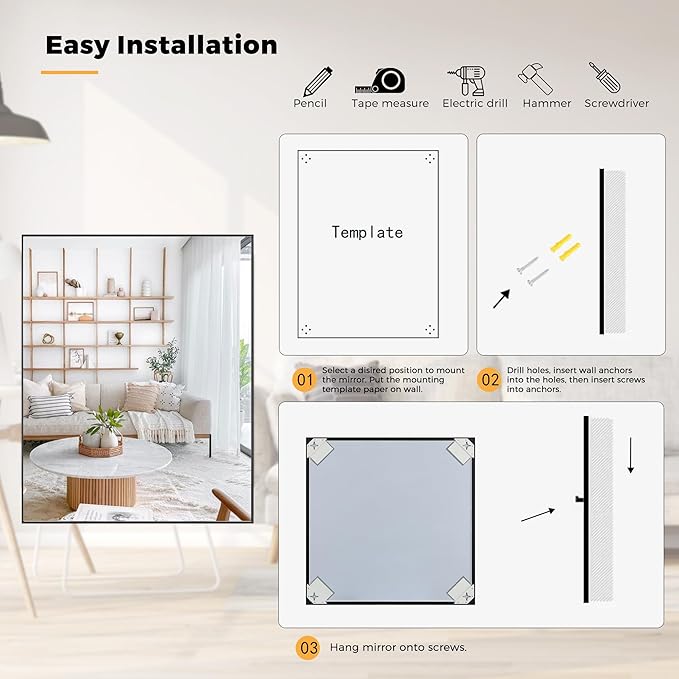 36x48 Inch Black Bathroom Mirror for Wall, Aluminum Frame Rectangle Rectangular Vanity Mirror, Modern Large for Bedroom, Living Room, Horizontal or Vertical