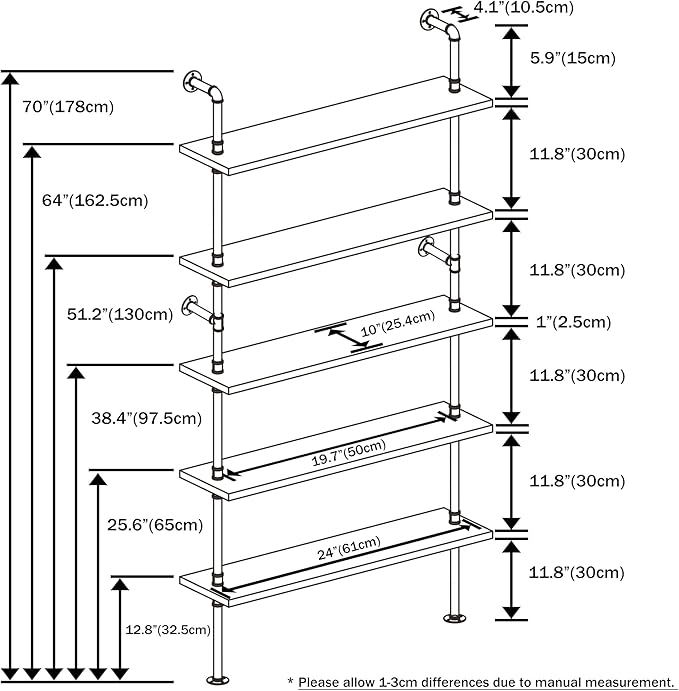 Pipe Shelves, 5 Tier Industrial Ladder Bookcase, Wall Mounted Metal Wood Rustic Bookshelf (White, 5 Tier - 10" D x 24" W x 70" H)