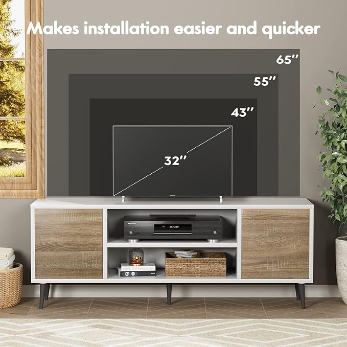 YESHOMY Modern TV Stand for 65" Television, Entertainment Center with Two Storage Cabinets, Retro Style Media Console for Living Room, Bedroom, Office, 58 Inch, Light Brown