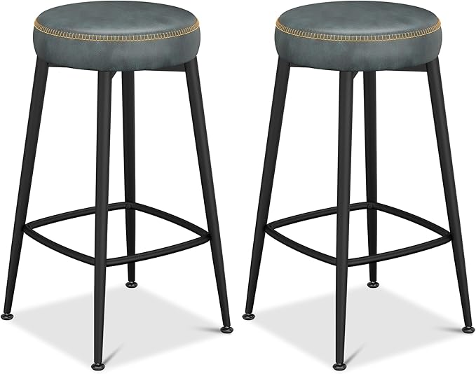 Counter Height Bar Stools, 26" H Backless Bar Stools Set of 2, Upholstered Faux Leather Kitchen Counter Stools, Mid Century Modern, Kitchen Island Home Bar, Pub, Black Blue