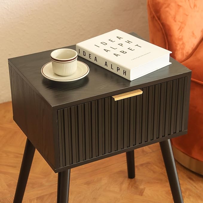 Black Nightstand, Small End Tables Living Room, Accent Bedside Table with Fluted Drawer for Bedroom and Small Space, Black