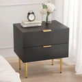 Night Stand, Black and Gold Nightstand with Fluted Panel, Bedside Table with 2 Drawer, Large Mid Century Modern Nightstand with Gold Leg, End Tables for Bedroom