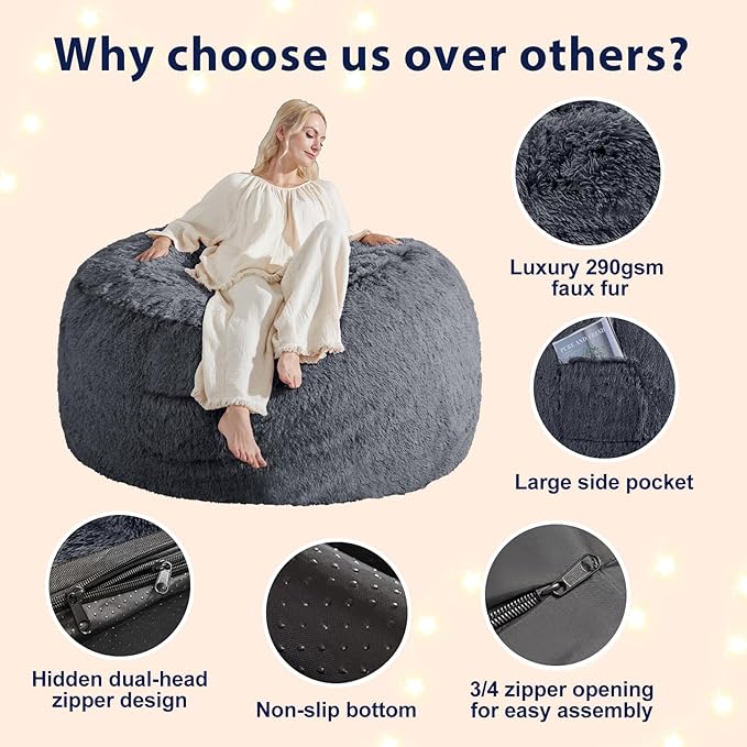 Bean Bag Chair Cover(No Filler) Soft Faux Fur Stuffed Animal Bean Bag Storage, Fluffy Plush Bean Bag Chair Cover Washable, Comfy Bean Bag Chairs for Adults, 7FT, Dark Grey