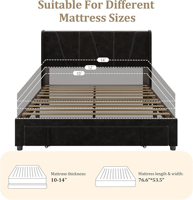 Full Bed Frame with Storage Drawers, Upholstered Platform Bed with Headboard and Wingboard, No Box Spring Needed, Noise Free, Easy Assembly, Wooden Support Slats, Black