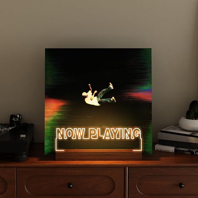 Now Playing Vinyl Record Stand, Light up Record Holder, Wooden Acrylic Display with Warm White Lights for Albums, Room Decor, for Vinyl Lovers