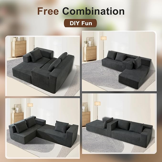 103" Cloud Sectional Sofa, Boneless L-Shape Couch with Chaise, Modern Minimalist Modular Couch for Living Room, Free Combination Deep Seat Corner, No Assembly Required, Dark Grey