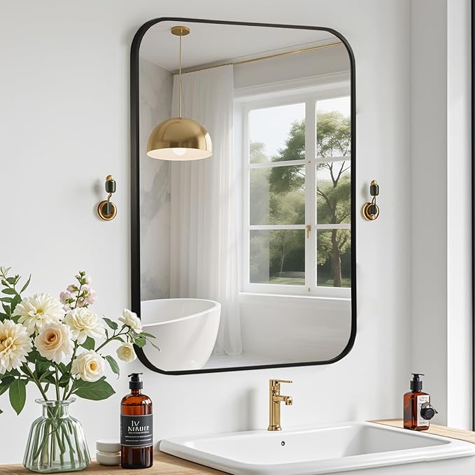 Black Bathroom Mirror, 22x30 Inch Aluminum Frame Rectangle Mirror, Anti-Rust, Tempered Glass, Wall Mirror for Over Sink, Vanity, Bedroom, Entryway, Horizontal/Vertical