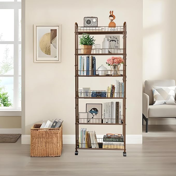 6-Tier Slim Storage Cart with Wheels, 6in Narrow Rolling Shelf,Sturdy Slim Storage Ideal for Kitchen, Bathroom, and Laundry Room,Champagne Gold