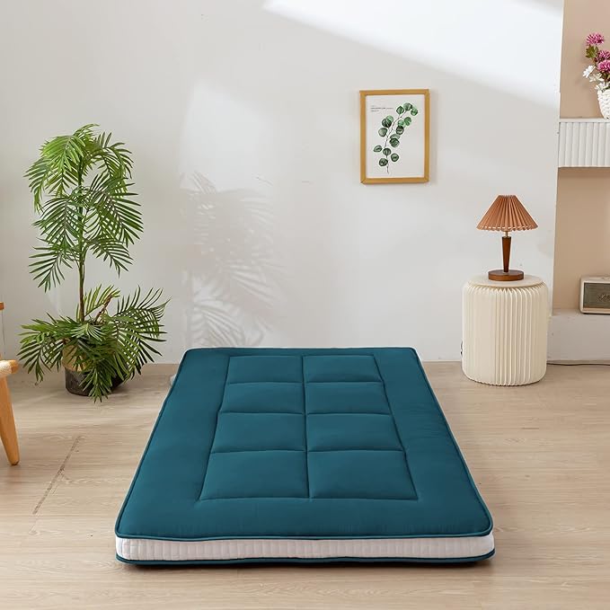 MAXYOYO Futon Mattress, Padded Japanese Floor Mattress Quilted Bed Mattress Topper, Extra Thick Folding Sleeping Pad Breathable Floor Lounger Guest Bed for Camping Couch, Bluestone, Twin Size