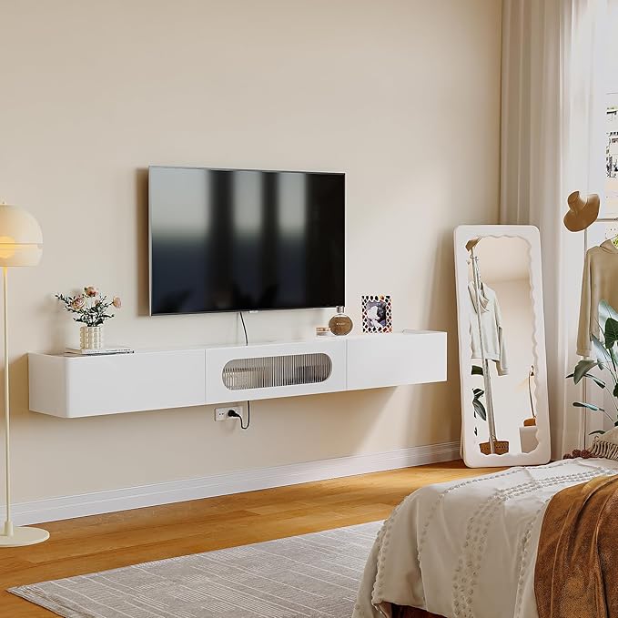 Floaticase Floating TV Stand, 47IN Fully Assembled Hign Gloss Wall Mounted TV Console with Flip-Down Door & Drawers for Livingroom, Bedroom