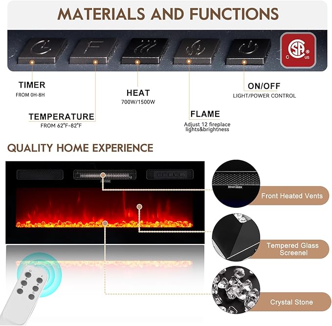 70" TV Stand for Living Room, Modern Entertainment Center & Media Console, Fits TVs up to 80", Storage Cabinet with Shelves, 36" Electric Fireplace with LED Flame (All Black)