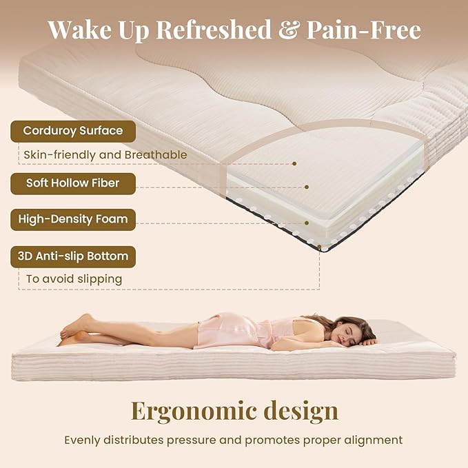 Japanese Floor Mattress, 4" Thicken Futon Mattress Queen Size Sleeping Pad, Corduroy Foldable Floor Pad, Roll Up Tatami Mat for Adults Guest Room Bedroom, Beige