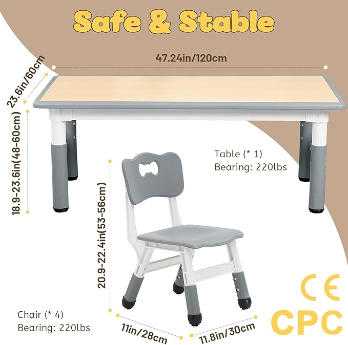 FUNLIO Kids Table and 4 Chairs Set for Ages 3-8, Height Adjustable Toddler Table and Chair Set, Easy to Wipe Arts & Crafts Table, for Classrooms/Daycares/Homes, CPC & CE Approved (5-Piece Set) - Gray