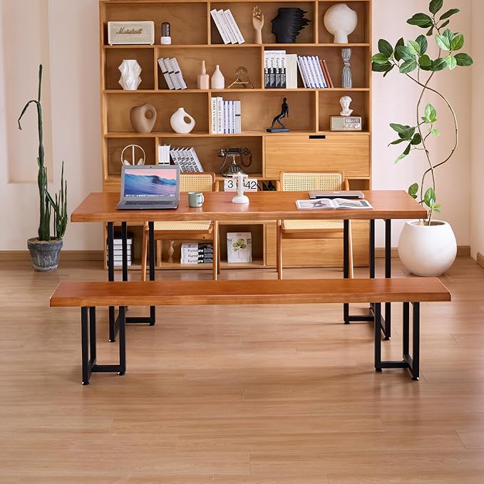 Durable Solid Wood Top Bench with Metal Triangular Legs – Stylish Long Dining Bench for Home, Office, Restaurant & Patio Chair (Wooden Brown Bench, 62.99in)