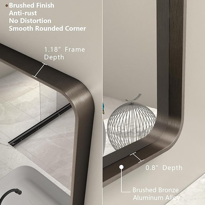 55x36 Bronze Bathroom Vanity Mirror for Wall, Large Bronze Frame Mirror with Brushed Metal Frame, Rounded Rectangle Mirror, Shatterproof, Anti-Rust (Horizontal/Vertical)