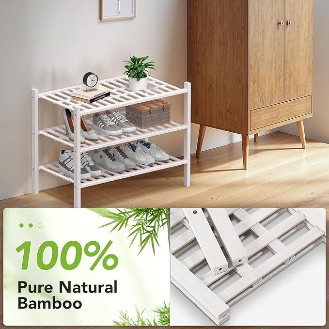 Haddockway Large 3 Tier Bamboo Shoe Rack Storage Organizer, Multifunctional Free Standing Stackable Shoe Shelf with Grid Panel for Closet,Hallway,Entryway,Small Space 27"x12"x21"(White, 3-Tier(Large))