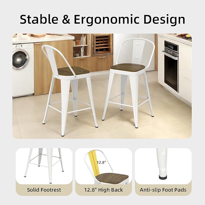 Metal Bar Stools Set of 4, High Back Bar Stools with Wooden Seat, 26 inch White Barstools for Kitchen Island
