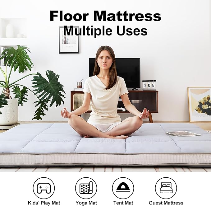 Tiita Memory Foam Mattress Topper Twin Size, 4" Thicken Futon Mattress with Storage Bag and 2 Straps, Portable Roll Up Travel Car Camping Mattress Floor Sleeping Pad, Grey