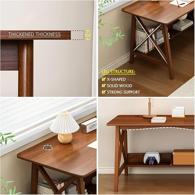 Extra Long Desk with Bookshelf - Wooden Home Office Work Study Table, Writing Computer Workstation with Storage Shelf in Wanut, 47" Wx16 Dx30 H
