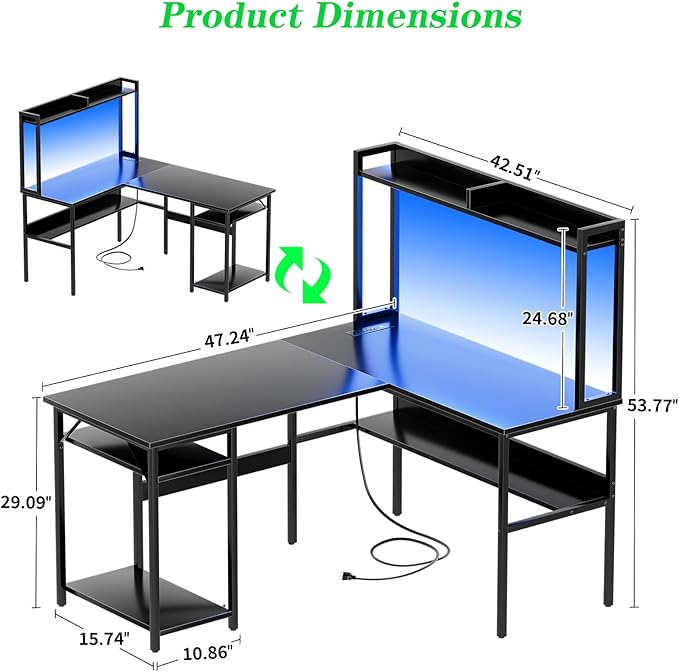L Shaped Computer Desk with Hutch and Storage Shelves, Gaming Desk with LED Lights, Reversible L-Shaped Desk with Power Outlets, Home Office Desk, Corner Desk, Black