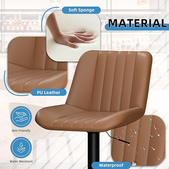 Shintenchi Swivel Bar Stools Set of 4, Adjustable Faux Leather Upholstered Swivel Counter Stools, Armless Bar Height Island Chairs with Back and Footrest, Brown