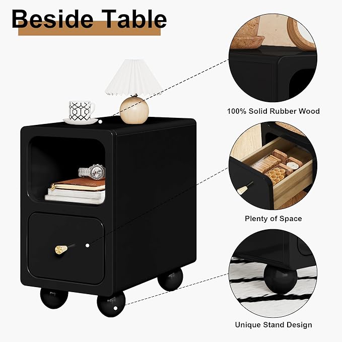Solid Wood Nightstand, Narrow Night Stand with Drawers, Black Mid Century Modern Nightstand, Small Beside Table with Open Storage Shelf for Bedroom (10 inch)