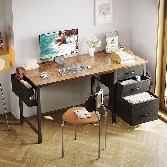 Casaottima 48" Small Computer Home Office Desk for Bedroom with Fabric Drawers & File Cabinet, Cloth Storage Bag and Hook, Writing Study Work Table for Small Space, Vintage