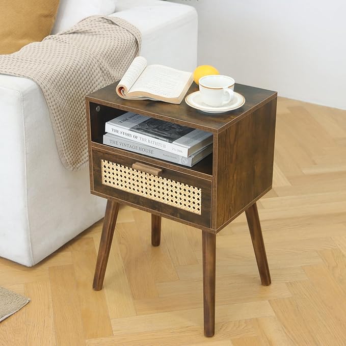 MaxSmeo Mid Century Nightstand, Rattan Side Table with Drawer, Wood Modern Bedside Table for Bedroom, Living Room and Small Spaces (Rustic Brown)