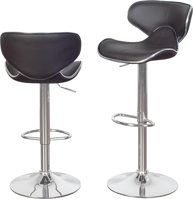 Roundhill Furniture Masaccio Cushioned Leatherette Upholstery Airlift Adjustable Swivel Barstool with Chrome Base, Set of 2, Brown
