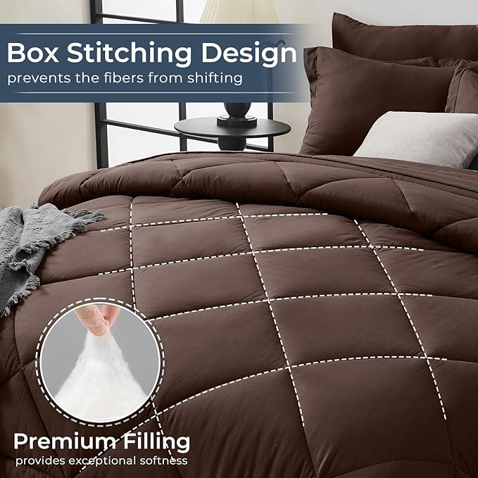 HEVUMYI Brown Cali-King Comforter Set - 7-Piece All Season Bed in a Bag Cali-King, Ultra Soft Bedding Set with Comforter, Flat Sheet, Fitted Sheet, Pillowcases, Pillow Shams
