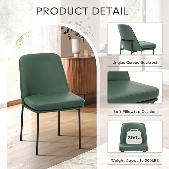 COLAMY Modern Dining Chairs Set of 4, Faux Leather Upholstered Dining Room Chairs Kitchen Chairs Dinner Chair with Curved Back and Metal Legs, Green