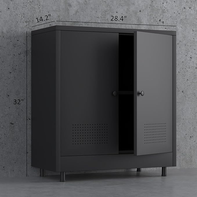 Metal Storage Cabinet with 2 Doors and Adjustable Shelf, Steel Accent Sideboard Buffet Cabinet for Home, Office, Garage, Entryway, Living Room, Kitchen Pantry and Dining Room (Black)