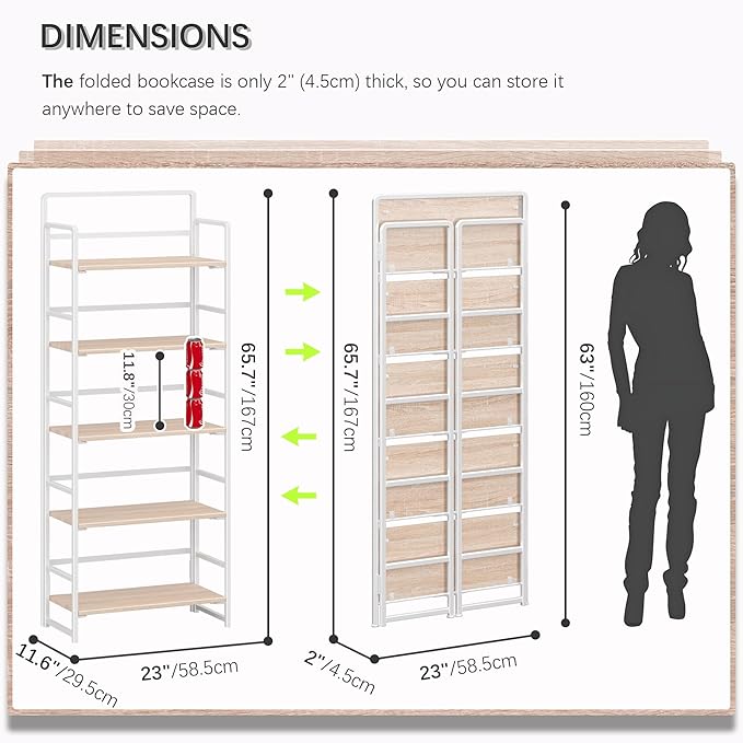 4NM No-Assembly 5 Tiers Folding Bookshelf Storage Shelves Vintage Bookcase Standing Racks Study Organizer Home Office (Natural White)