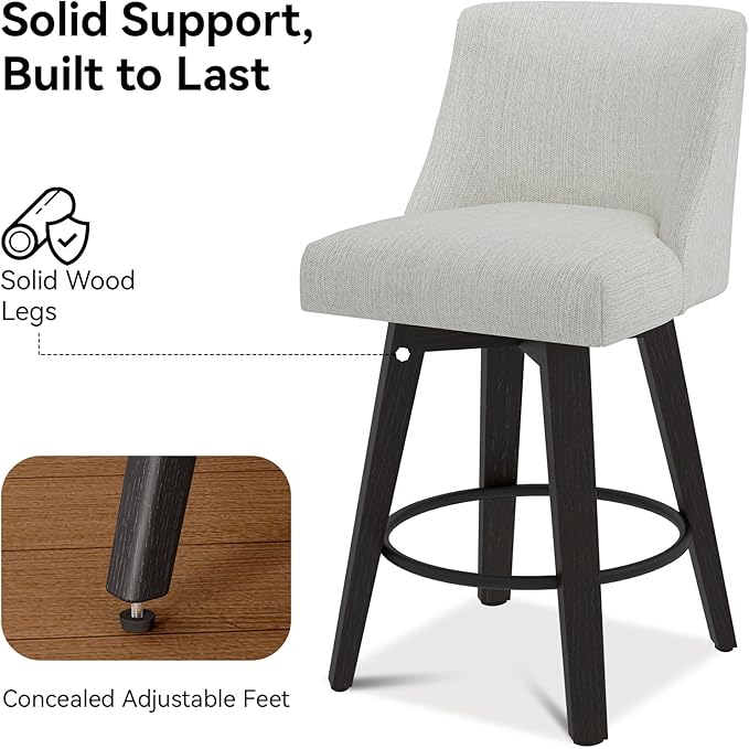 Counter Height Swivel Bar Stools Set of 2, 26 Inch Bar Stools with Footrest, Linen Fabric Upholstered Barstools with Back and Solid Wood Legs for Kitchen Island, Dining Room,Pub,White