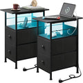WLIVE Nightstand Set of 2 with Charging Station, End Table Sets with LED Lights, 2 Fabric Drawers and Open Shelf, Bed Side Tables Living Room, Small Space, Night Stand for Bedroom, Black