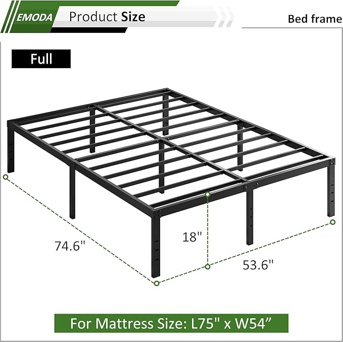 EMODA 18 Inch Tall Full Size Bed Frame with Large Storage Space, Easy Assembly Heavy Duty Metal Platform No Box Spring Needed, Noise Free, Black