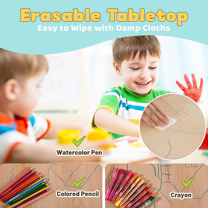 FUNLIO Kids Table and 2 Chairs Set, Height Adjustable Toddler Table and Chair Set for Ages 3-8, Easy to Wipe Arts & Crafts Table, for Classrooms/Daycares/Homes, CPC & CE Approved (3pcs Set) - Green