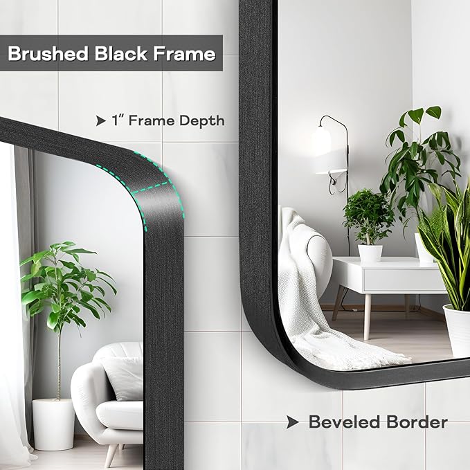 Wall Mount Mirror for Bathroom, Brush Black Metal Framed Rounded Corner Rectangular Vanity Mirror (16" x 20", Black)