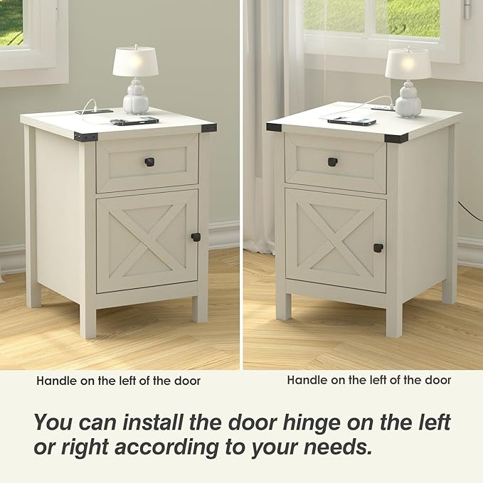 Farmhouse Nightstand with Charging Station, White Side Table, Rustic End Table with Barn Door and Drawer, Rustic Floating Nightstands Modern Bed Side Table Night Stand for Bedroom and Living Room