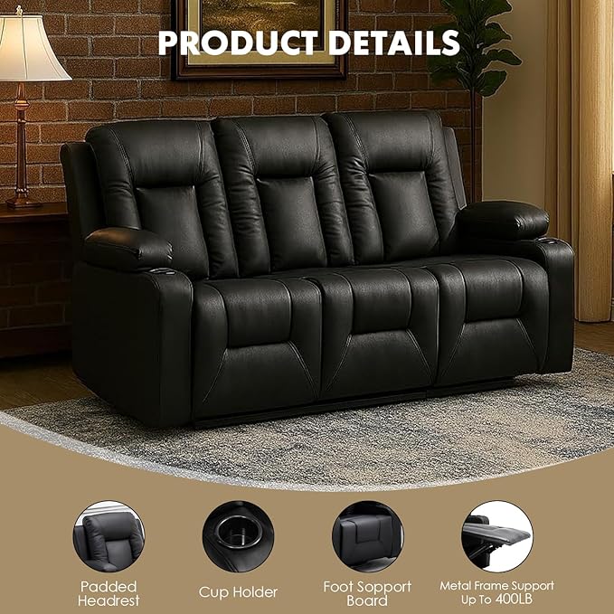 LUCKLIFE Leather Recliner Sofa Set with Manual Recliners,Living Room Furniture Set with Reclining Couch,Loveseat and Armchair,Living Room Chair with Cup Holders,Black (3+2+1)