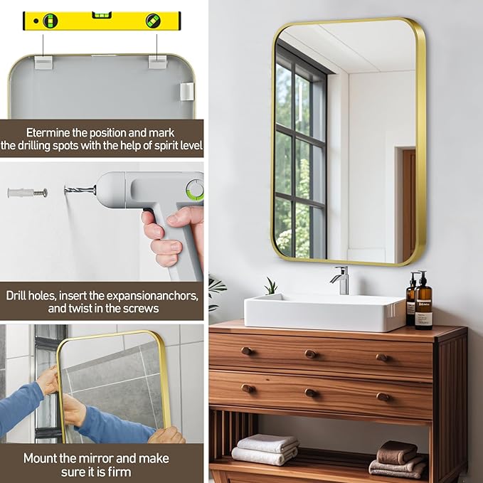 Matte Gold Mirror, 26x38 Inch Brushed Gold Mirror, Aluminum Alloy Framed Vanity Mirror, Rounded Rectangle Bathroom Mirror for Over Sink, Anti-Rust Wall Mirror (Horizontally or Vertically)