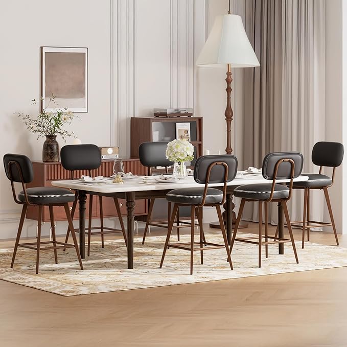 Swivel Bar Stools Set of 4, Mid Century PU Leather Counter Height Bar Chairs with Low Back and Metal Legs, Modern Bar Stool Chair for Kitchen Island, Black