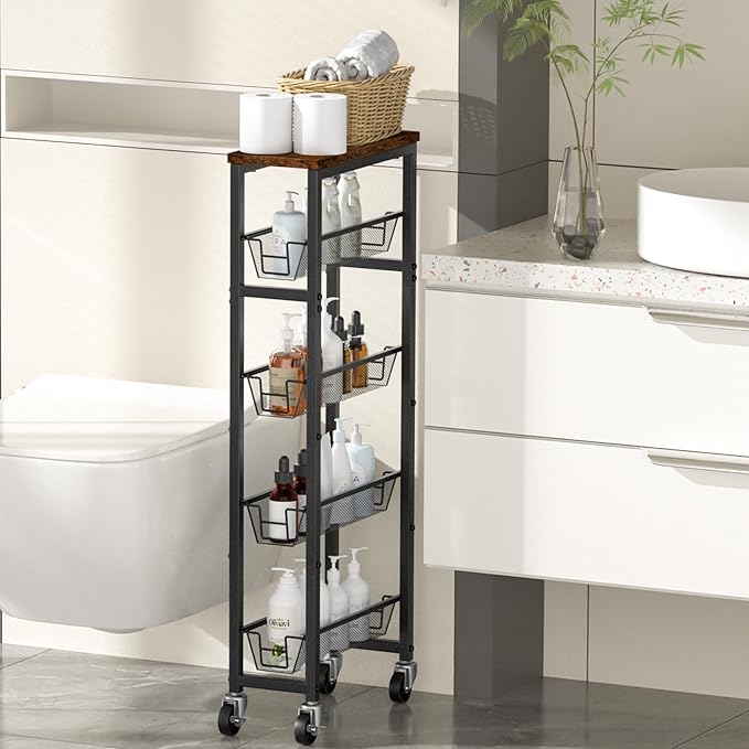 Honest Slim Storage Cart 4-Tier Slim Rolling Cart with Metal Frame and Wooden Top, 6.3 Inches, Storage Cart for Kitchen, Dining Room, Living Room, Bathroom, Home Office, Rustic Brown and Black