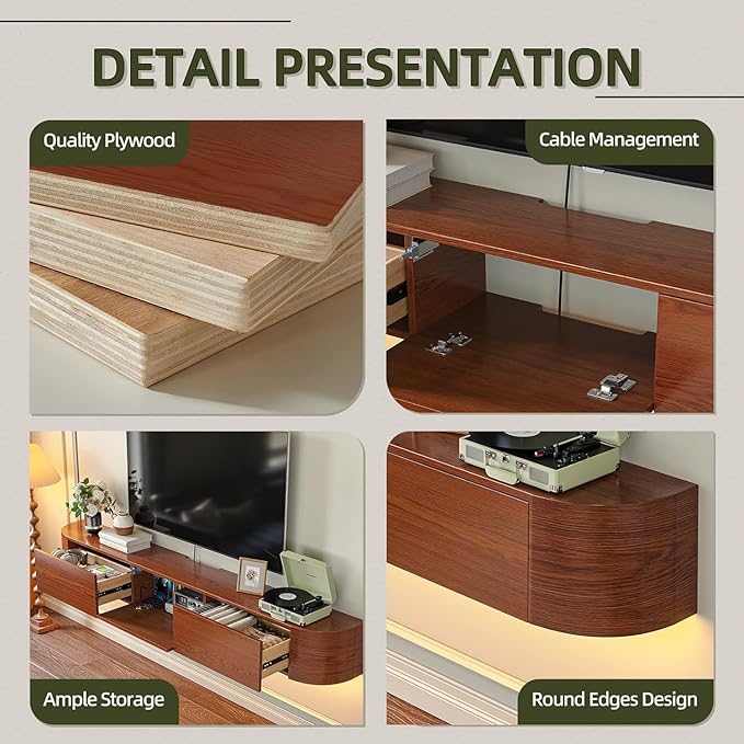 Fully Assembled Floating TV Stand with Drawers, 63IN Vintage Wall Mounted Entertainment Center, Minimalist Large Storage Console Under TV, Solid Wood Media Shelf for Living Room, Bedroom