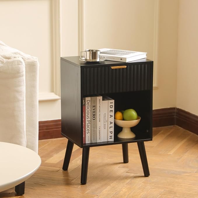 Black Fluted Nightstand, Modern Bedside Table with Drawer and Opening Storage, End Side Table Living Room with Solid Wood Legs for Bedroom (Black)