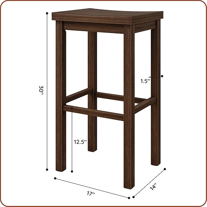 Grain & Grove Smith Collection Set of 4 Solid Wood Bar Stools, 30 inch Saddle-Seat Bar Chairs, Backless, Heavy-Duty Construction, Footrest Support, for Kitchen Islands, Home Bars, and Counters, Walnut